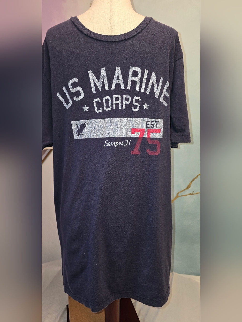 Bella Canvas Navy US Marine Corps Semper Fi Graphic Tee with Red Accent